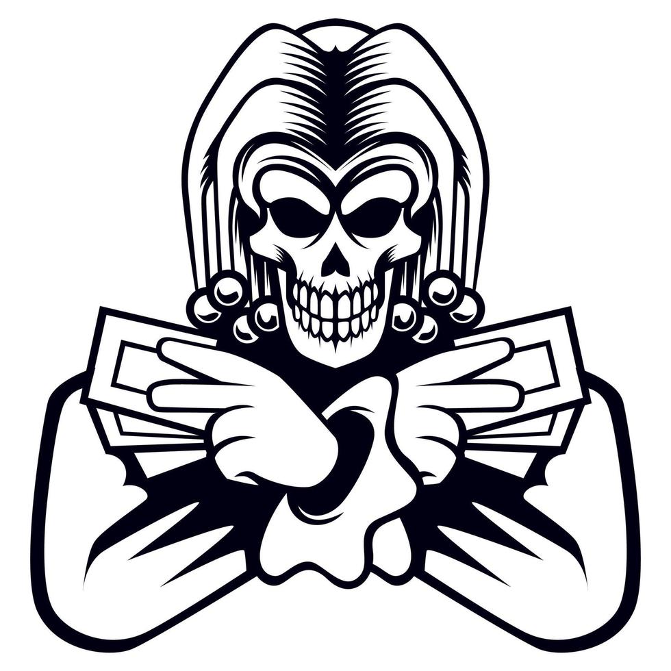 clown skull isolated on white background. Vector image of a clown skull. Skull Head with Jester Hat drawing Design Vector.