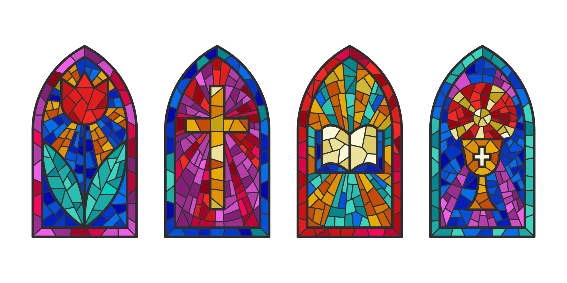 Church glass windows. Stained mosaic catholic frames with cross, book
