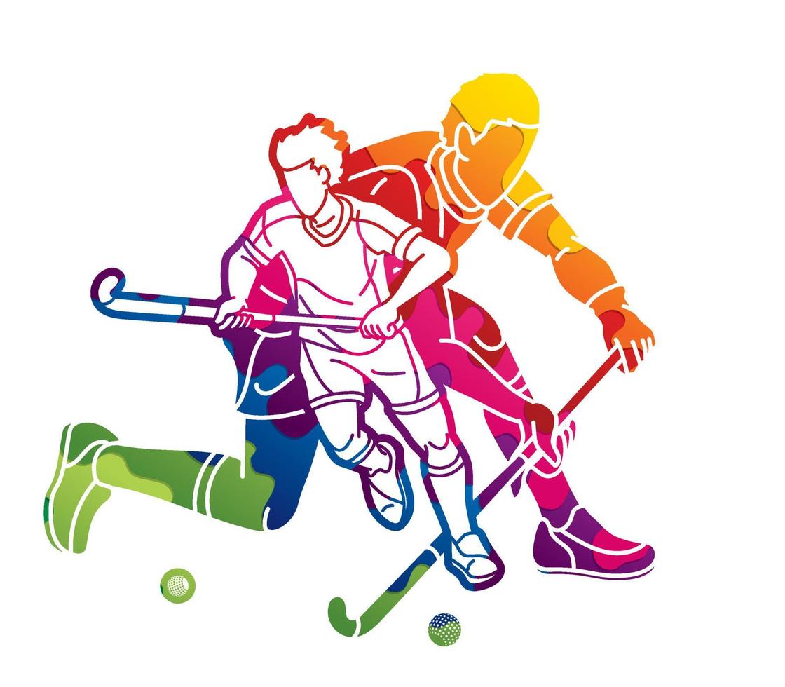 campo hockey deporte equipo masculino jugadores mezcla acción dibujos animados gráfico vector