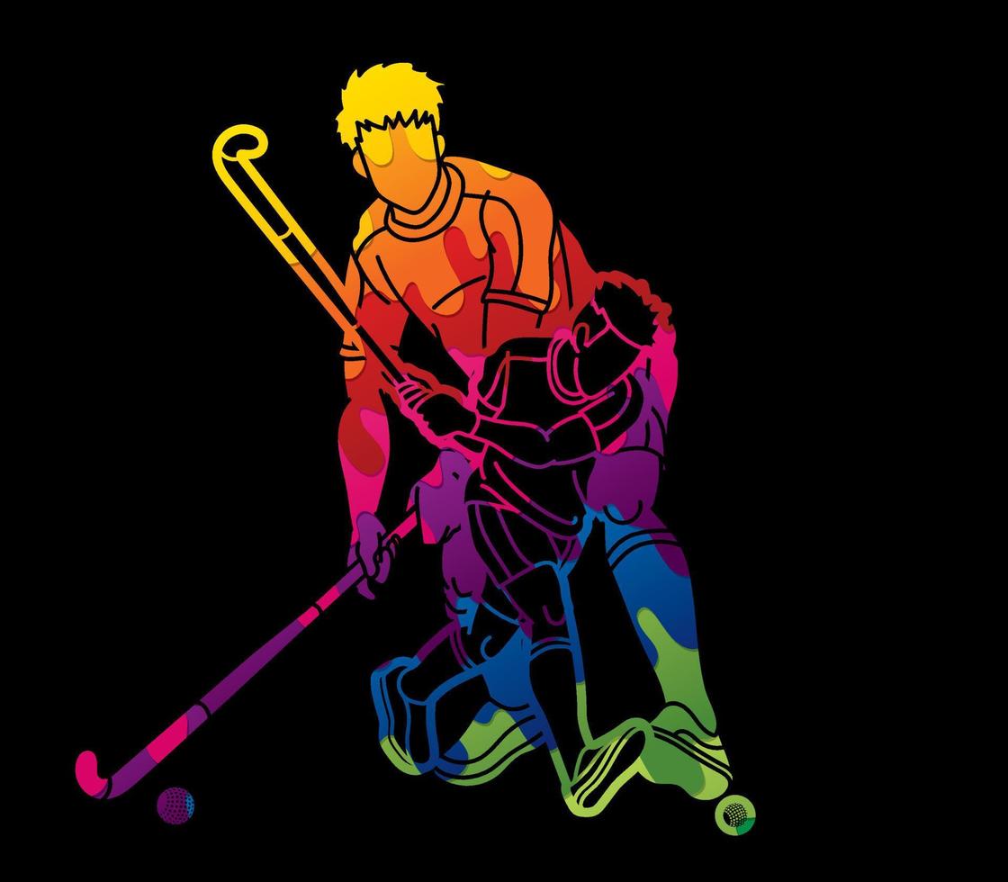 pintada grupo de campo hockey deporte equipo masculino jugadores mezcla acción vector