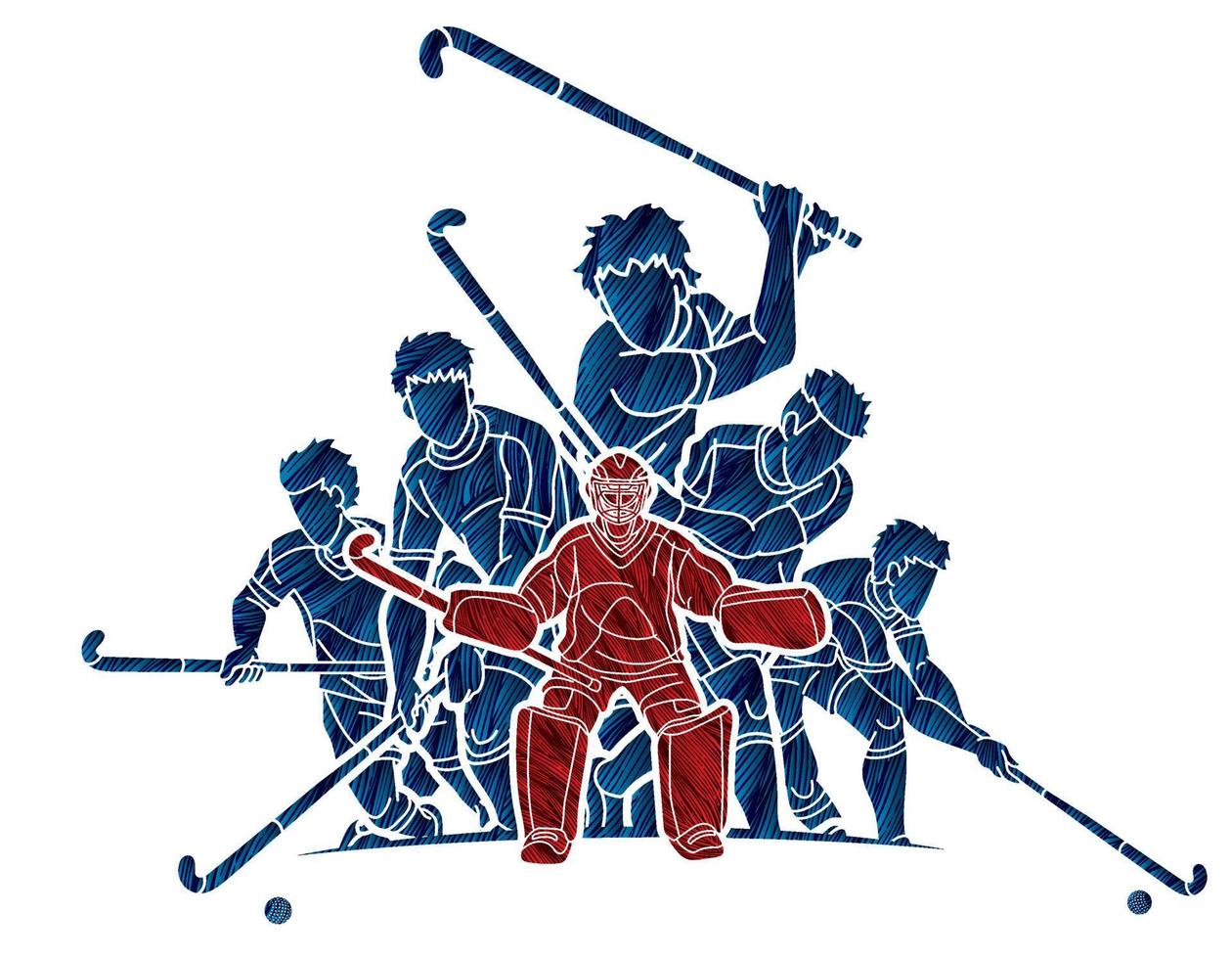 Field Hockey Sport Team Male Players Mix Action Cartoon Graphic Vector