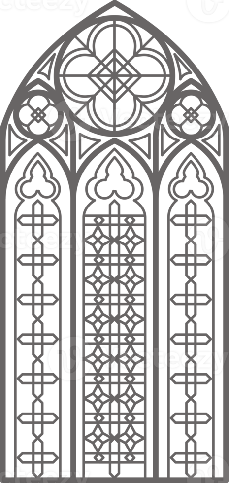 gotik fönster översikt illustration. silhuett av årgång färgade glas kyrka ram. element av traditionell europeisk arkitektur png