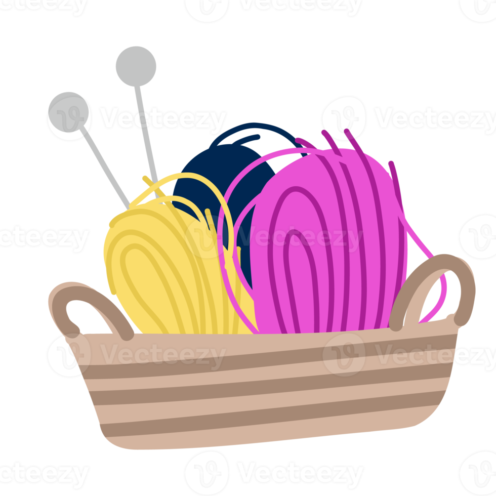 Illustration of a Basket of Colorful Yarn and Knitting Needles png
