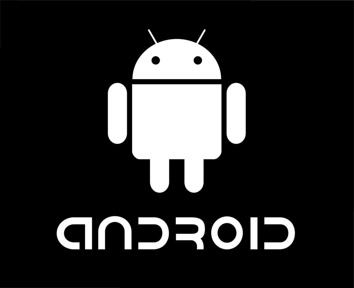 androide operando sistema icono logo software teléfono símbolo con nombre blanco diseño móvil vector ilustración con negro antecedentes