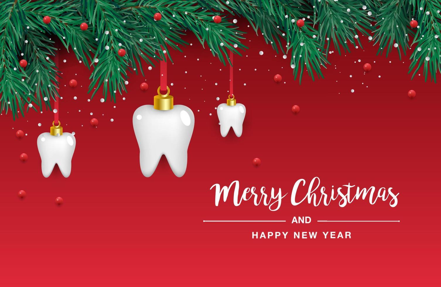 White teeth icons in the shape of a Christmas tree on a red background. Vector elements for New Year. Vector illustration