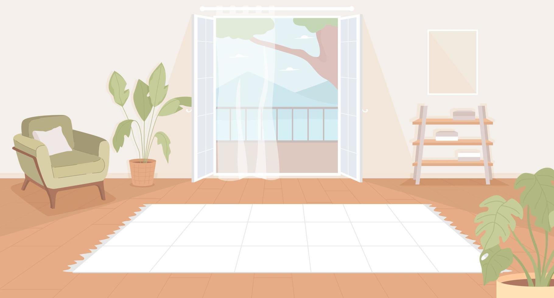 espacioso vivo habitación con yoga cobija plano color vector ilustración. de repuesto habitación para meditación. completamente editable 2d sencillo dibujos animados interior con patio puertas y beige pastel paredes en antecedentes