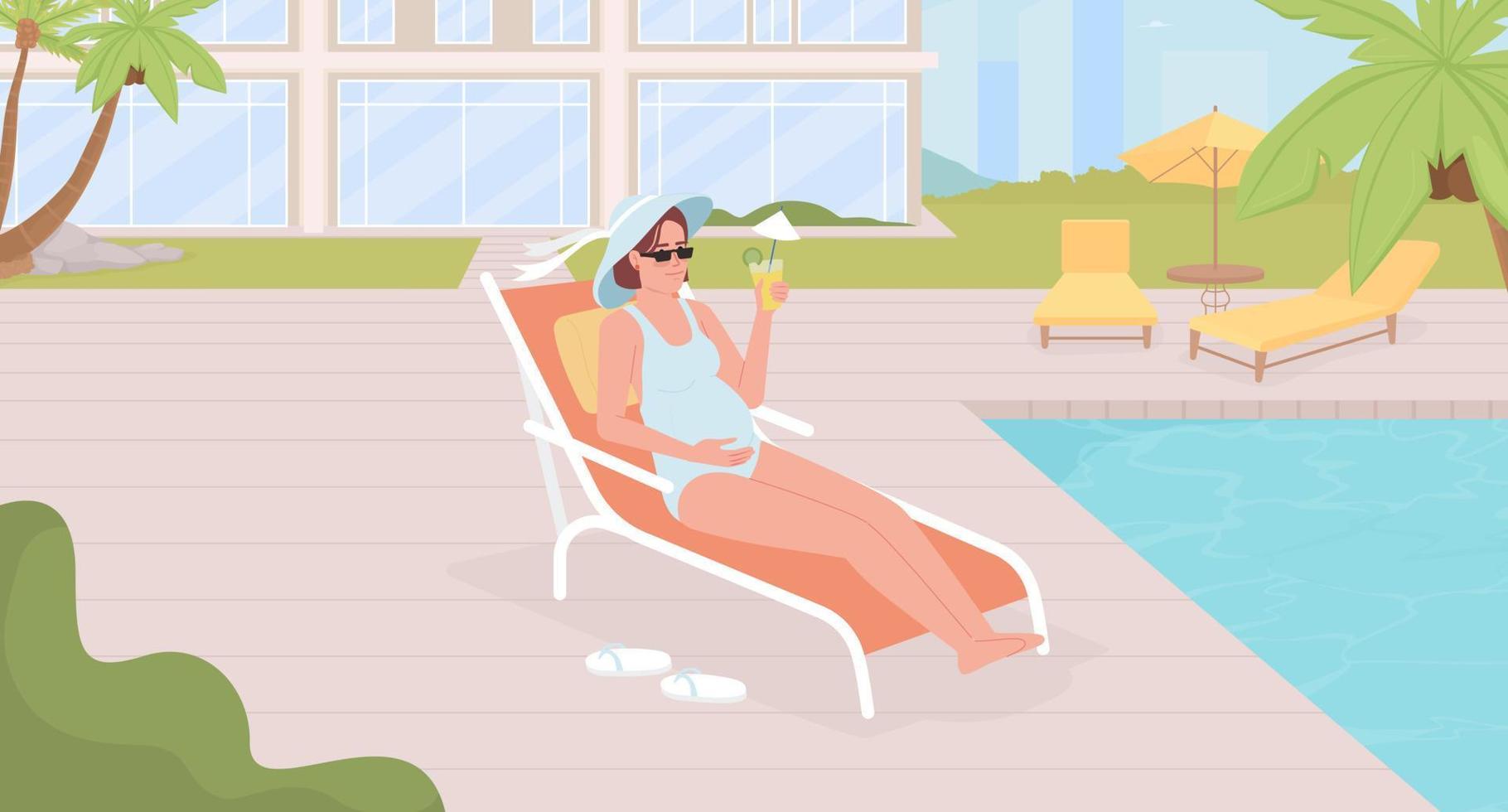 Going on vacation during pregnancy flat color vector illustration. Carefree pregnant woman lying on deckchair. Hero image. Fully editable 2D simple cartoon character with hotel exterior on background