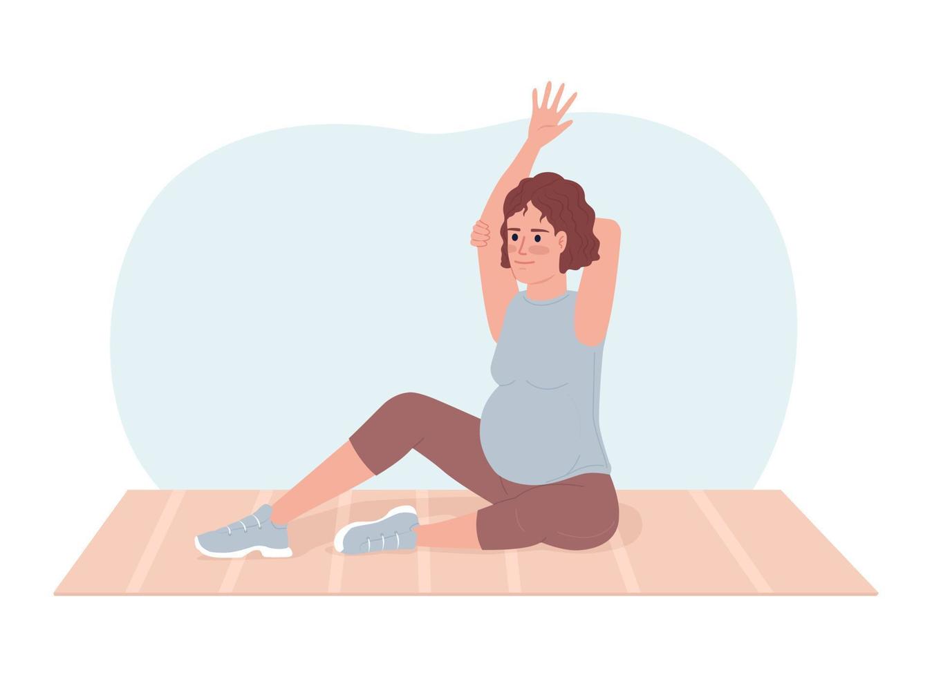 Pregnancy stretches for back pain relieving 2D vector isolated spot illustration. Pregnant woman on yoga mat flat character on cartoon background. Colorful editable scene for mobile, website, magazine