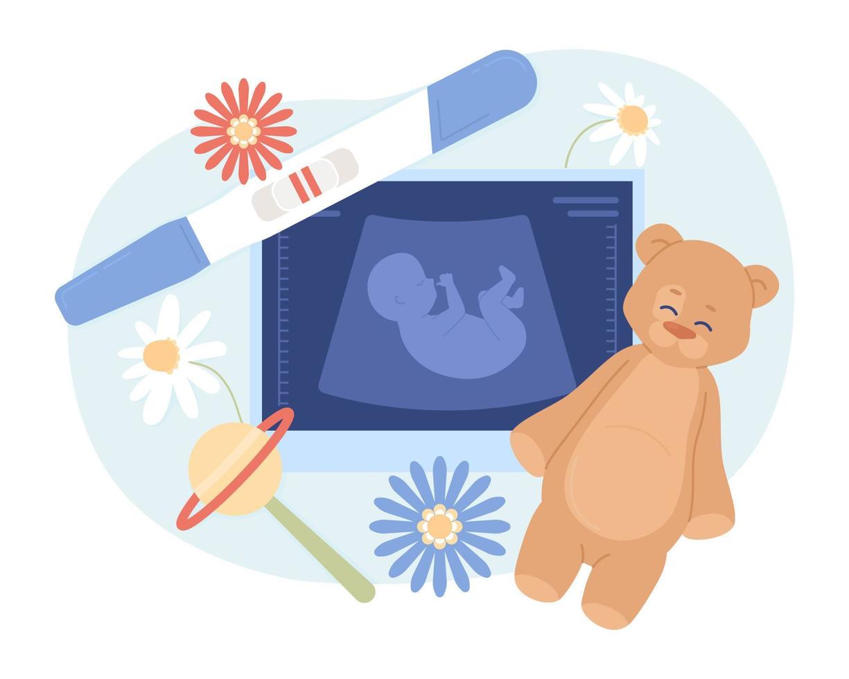 Pregnancy ultrasound composition flat concept vector spot illustration. Editable 2D cartoon scene on white for web design. Waiting for baby boy test reveal creative idea for website, mobile app