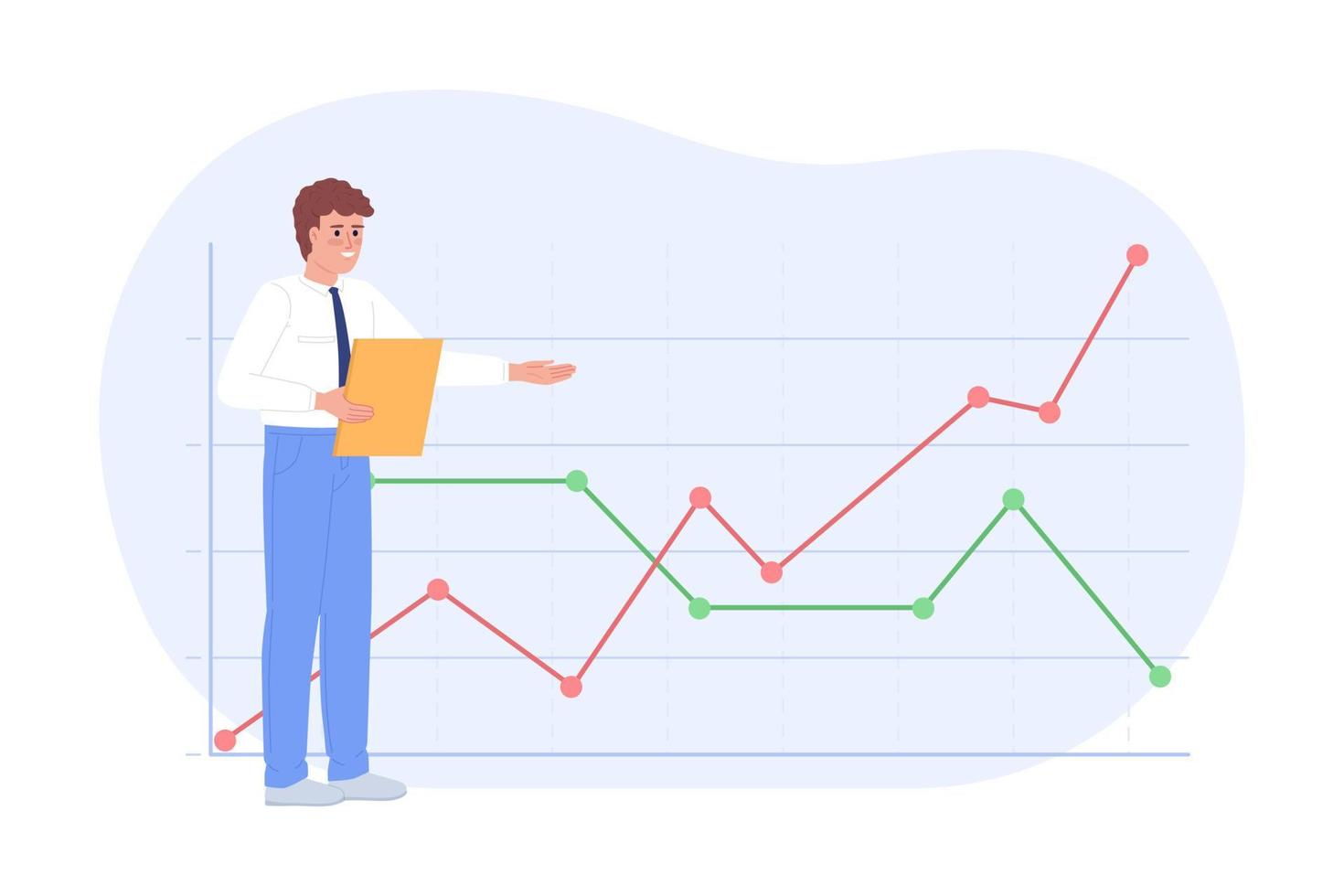 Creating line chart for forecasting business trends flat concept vector spot illustration. Editable 2D cartoon character on white for web design. Predict sales creative idea for website, mobile app