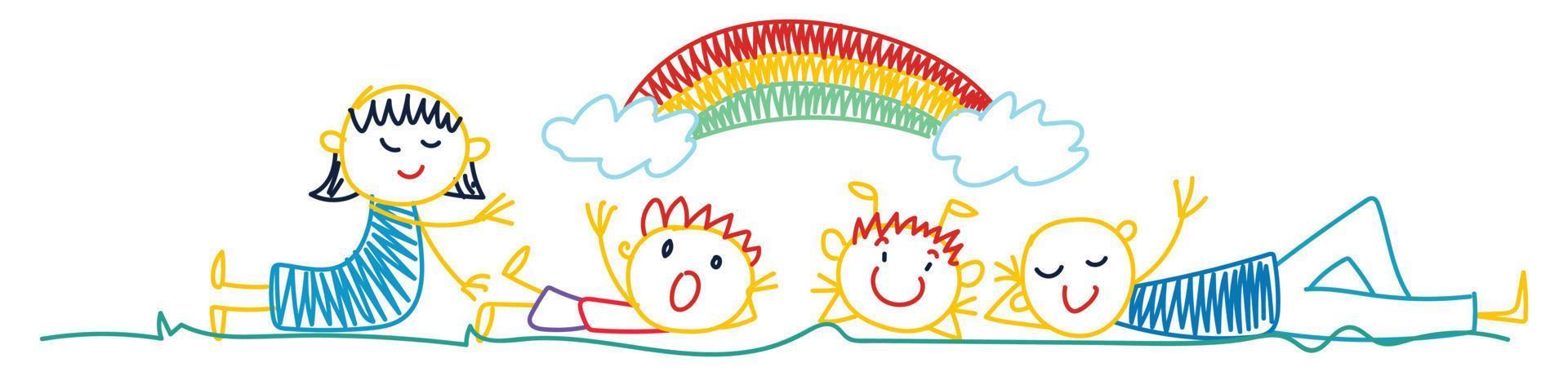 happy family kids drawing, flowers with rainbow Multicolored. vector