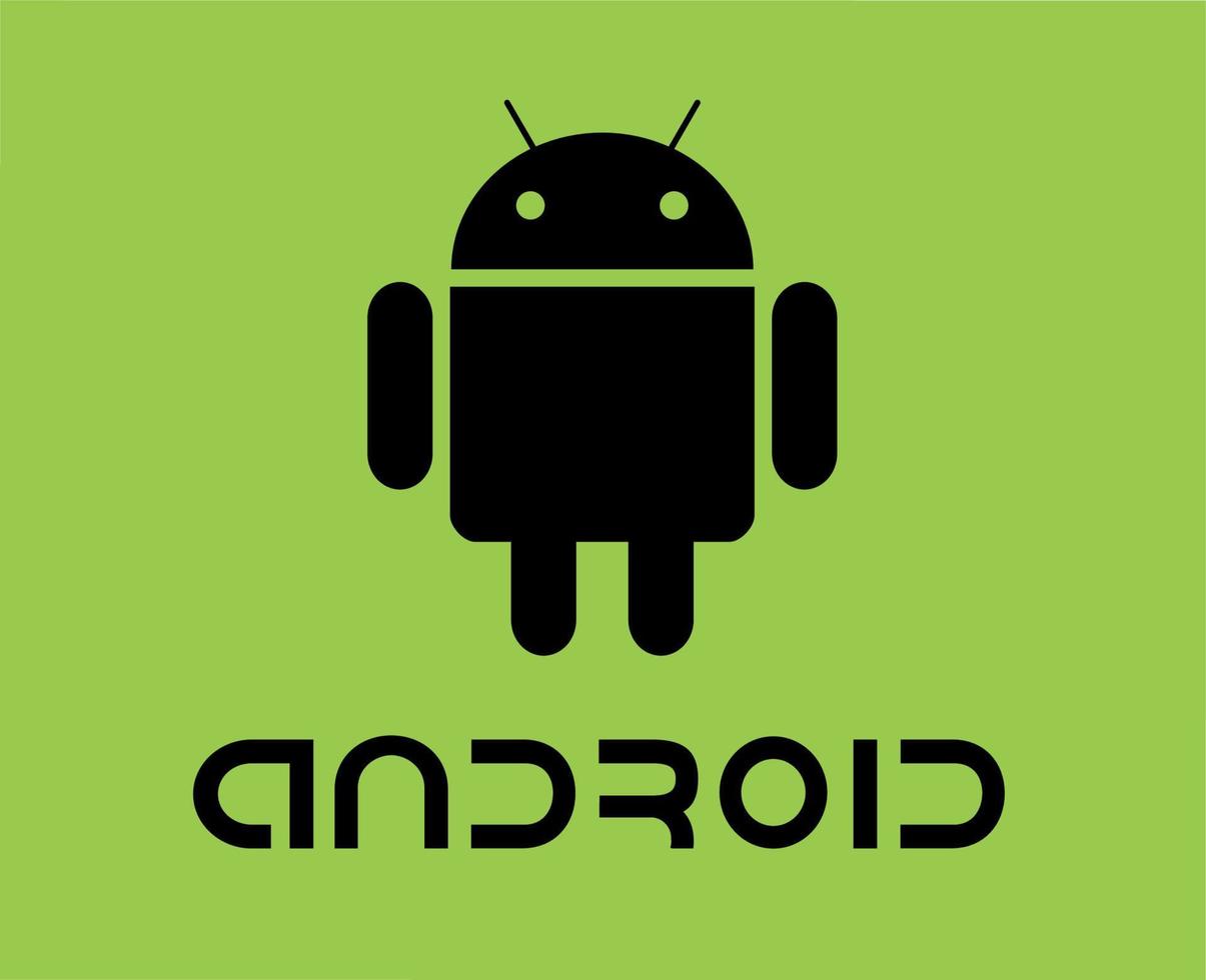 androide operando sistema icono logo software teléfono símbolo con nombre negro diseño móvil vector ilustración con verde antecedentes