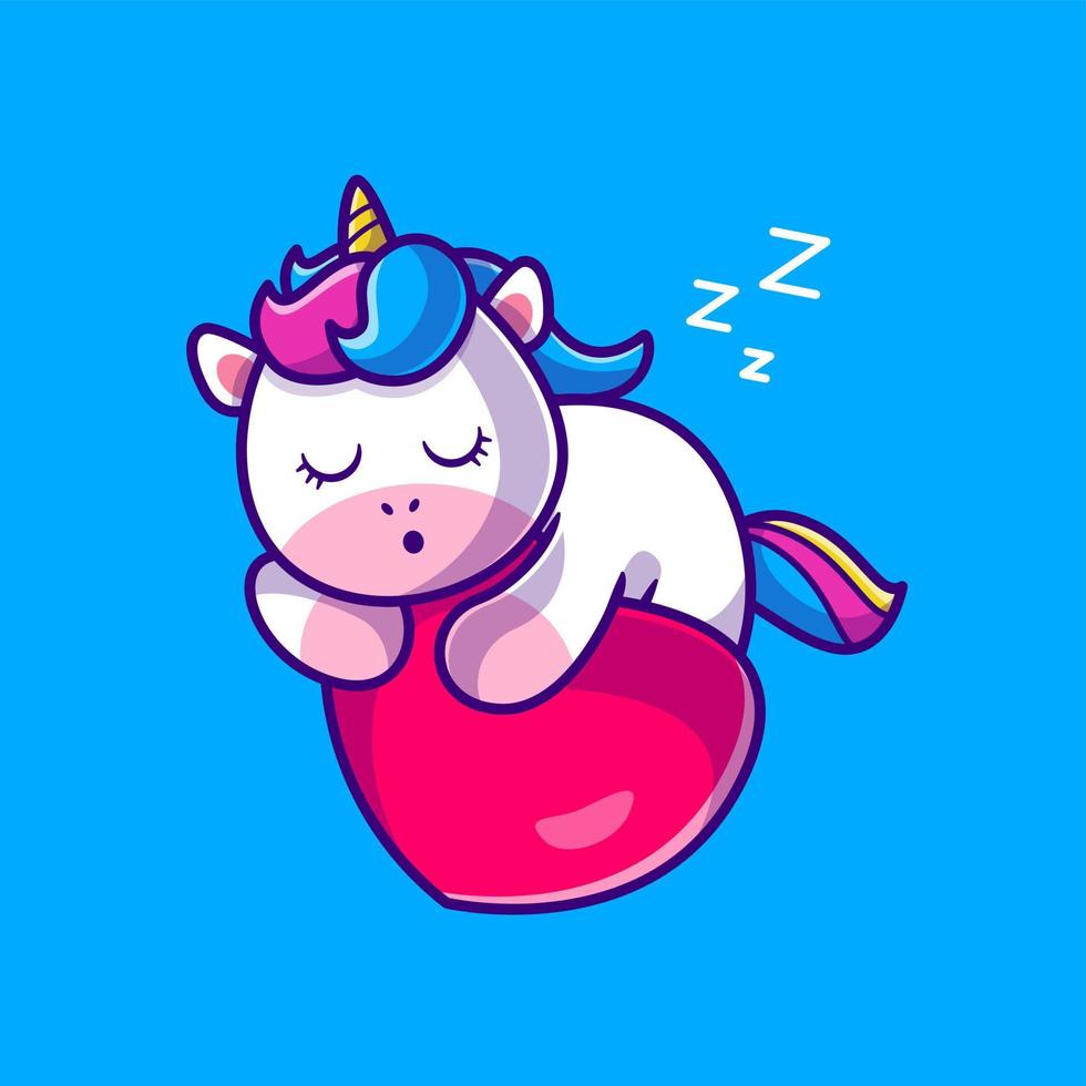 Cute Unicorn Sleeping On Heart Love Cartoon Vector Icon Illustration. Animal Nature Icon Concept Isolated Premium Vector. Flat Cartoon Style