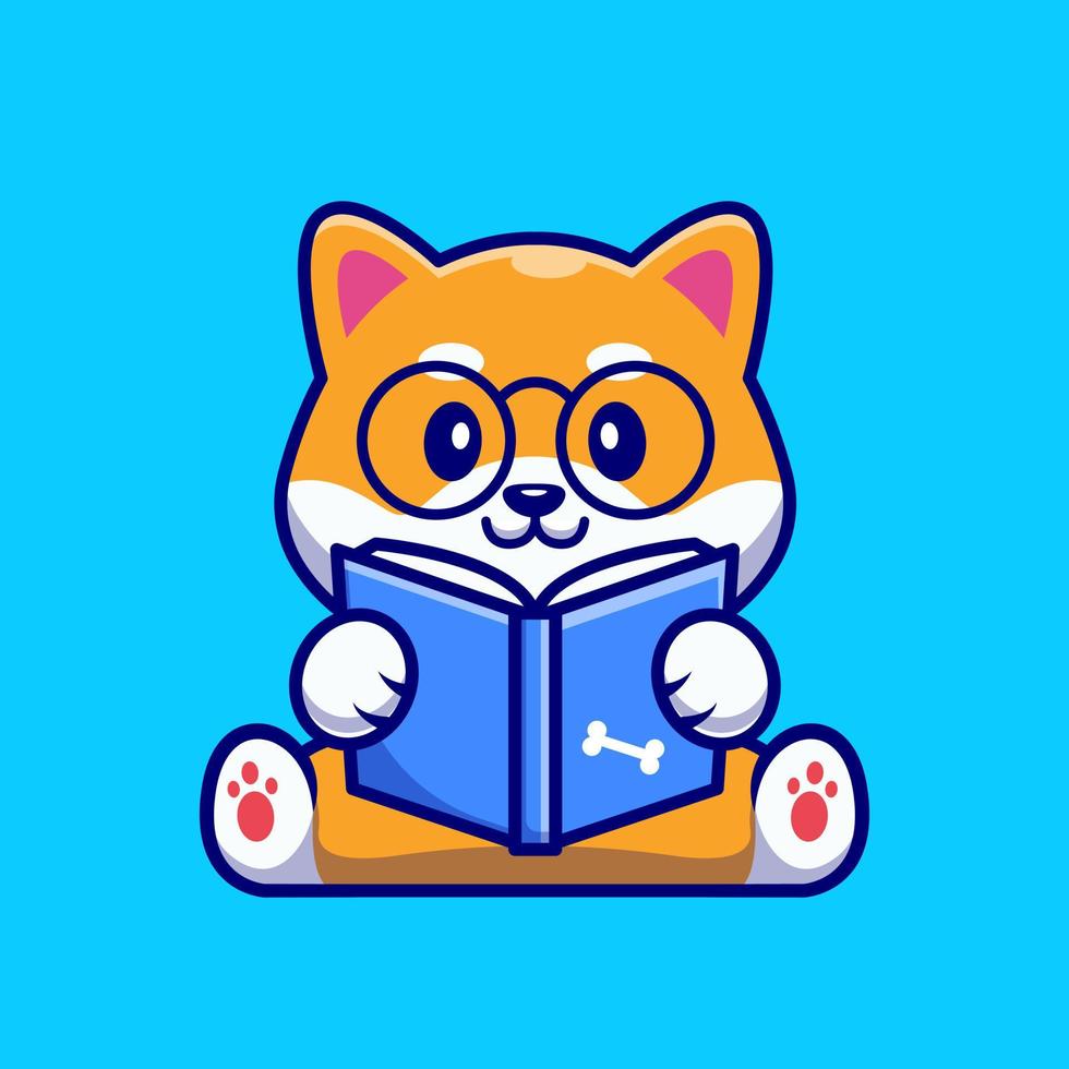 Cute Shiba Inu Dog Reading Book Cartoon Vector Icon Illustration. Animal Education Icon Concept Isolated Premium Vector. Flat Cartoon Style