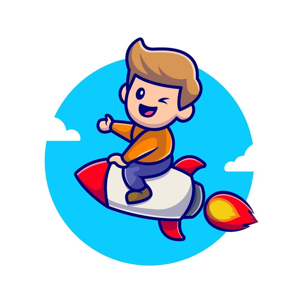 Cute Boy Riding Rocket Cartoon Vector Icon Illustration. People Transportation Icon Concept Isolated Premium Vector. Flat Cartoon Style