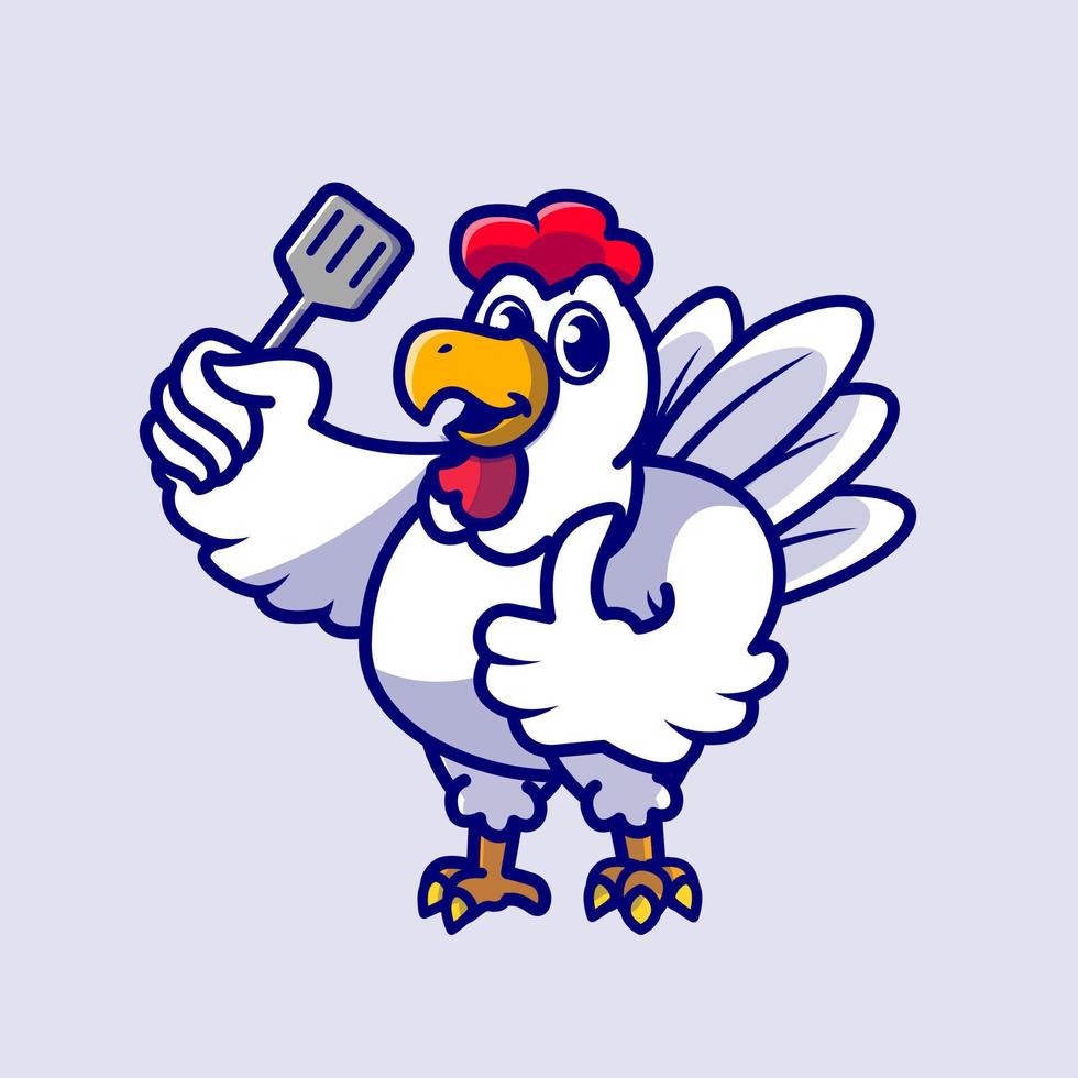 Cute Chicken Chef Holding Spatula Cartoon Vector Icon Illustration. Animal Profession Icon Concept Isolated Premium Vector. Flat Cartoon Style