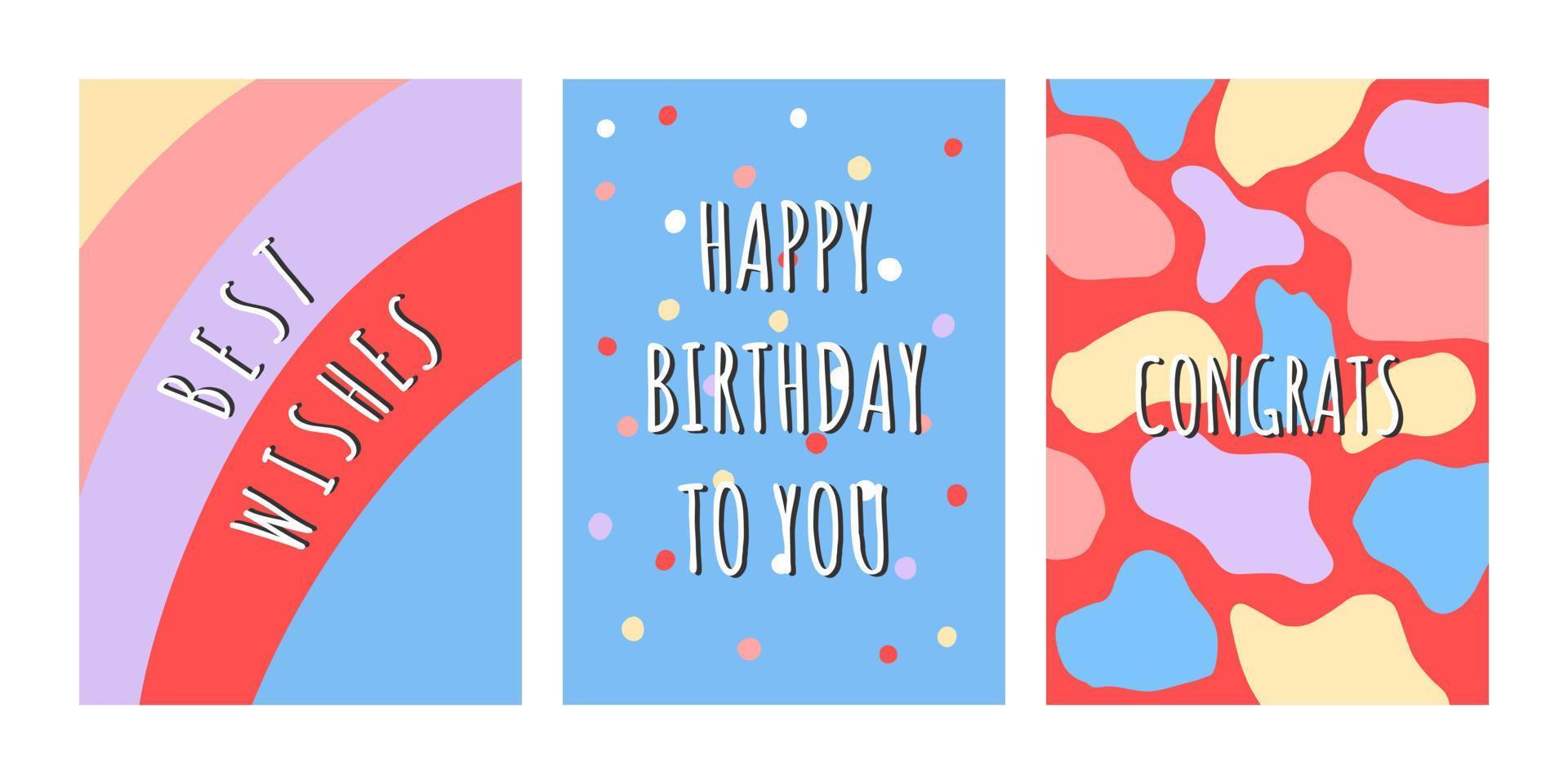 conjunto de saludo tarjetas para celebracion cumpleaños. mano dibujado de moda dibujos animados pastel, contento cumpleaños letras. vector ilustración