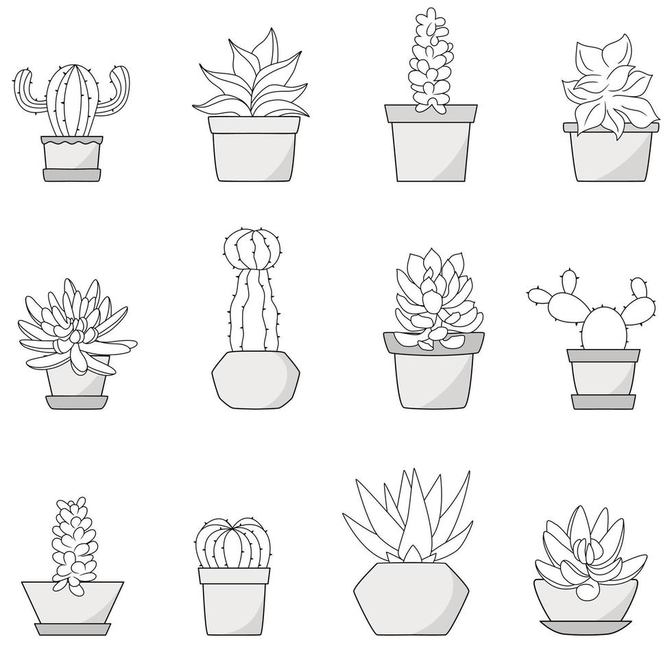 Big set of elements with hand drawn cacti and succulents in pots vector