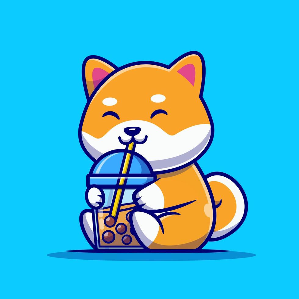 Cute Shiba Inu Dog Drink Milk Tea Boba Cartoon Vector Icon Illustration