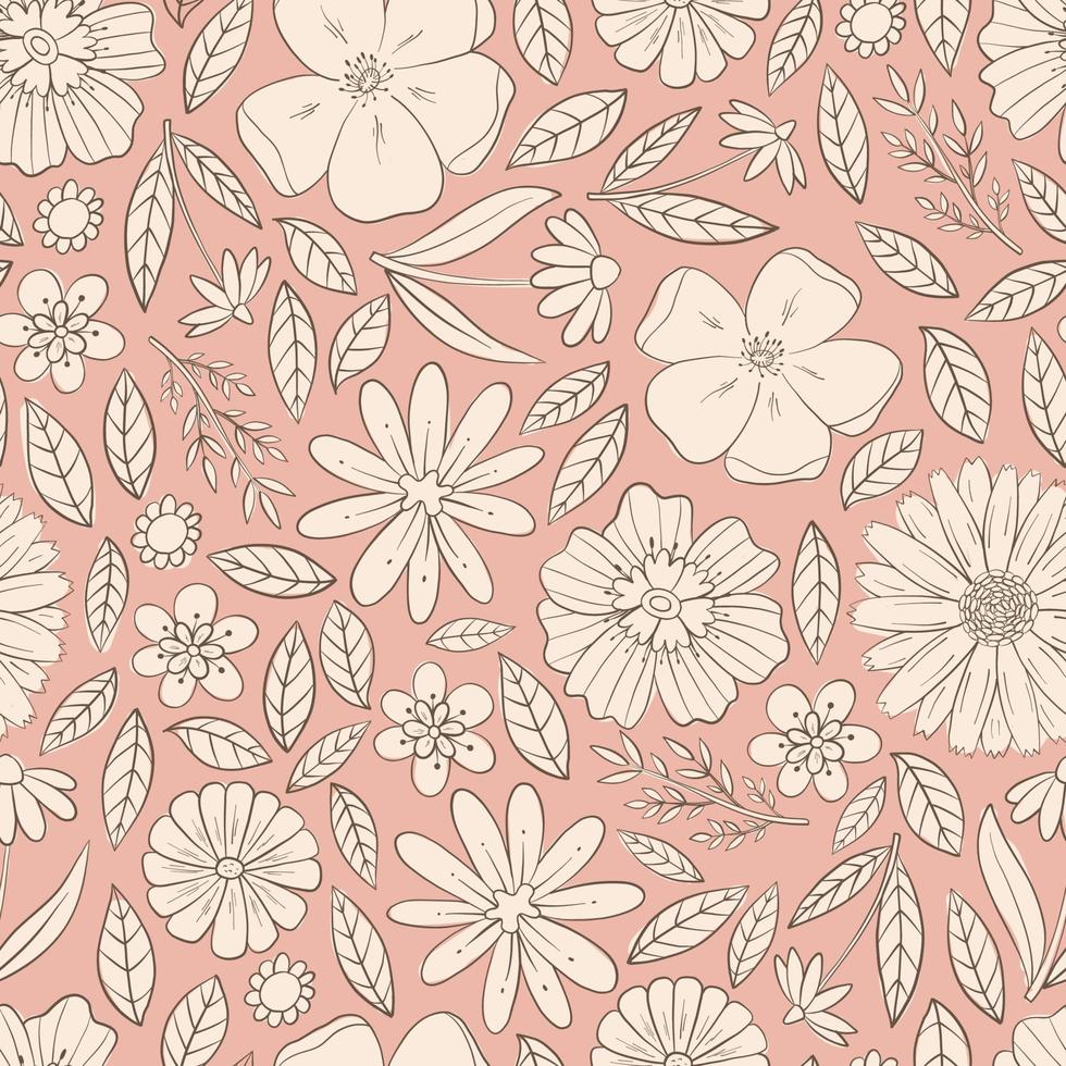 vintage floral pattern with hand drawn abstract flowers and leaves on pink background. Good for textile prints, wallpaper, wrapping paper, scrapbooking, stationary, backgrounds, etc. EPS 10 vector