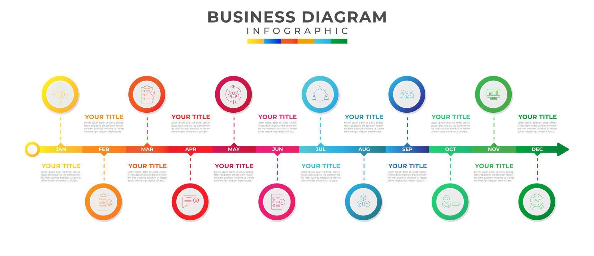 12 Months modern Timeline diagram infographics and icons symbols vector