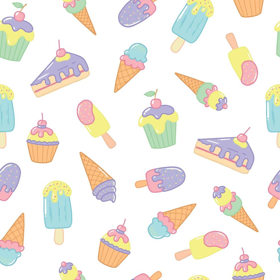 seamless pattern with hand drawn cute ice creams and cakes for wallpaper, nursery textile prints, wrapping paper, scrapbooking, stationary, etc. EPS 10 vector