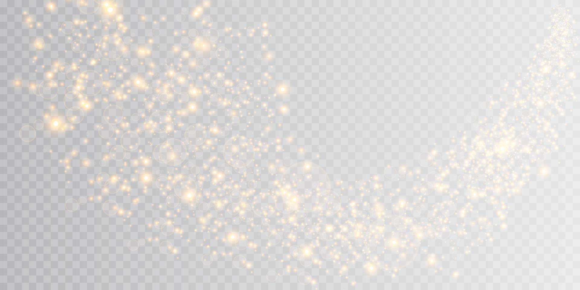The dust is yellow. Yellow sparks and golden stars shine with special light. Vector sparkles on transparent background. Christmas light effect. Sparkling magical dust particles