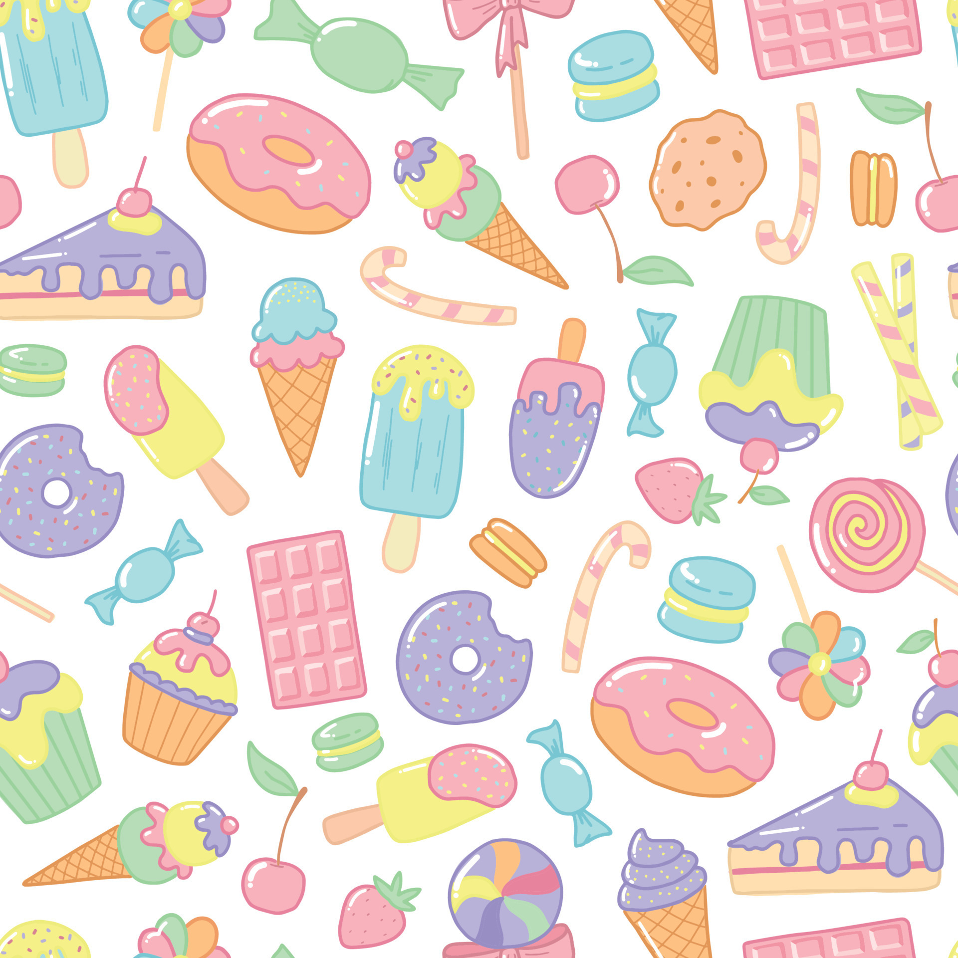 seamless pattern with hand drawn cute doodles of sweet snacks, fast