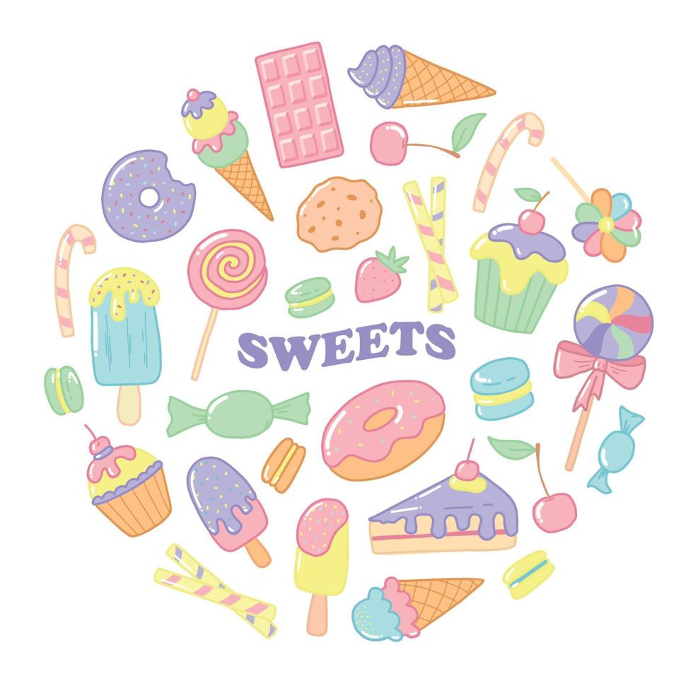 set of cute hand drawn sweet desserts, cartoon snacks, fast food. Good for prints, stickers, pins, sublimation, clip art, cards, etc. EPS 10 vector