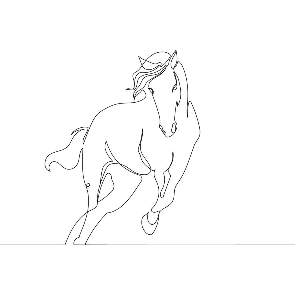 Horse run line art drawing.Continuous line design in Minimalist style poster,print template.Beautiful horse in motion black and white sketch vector illustration