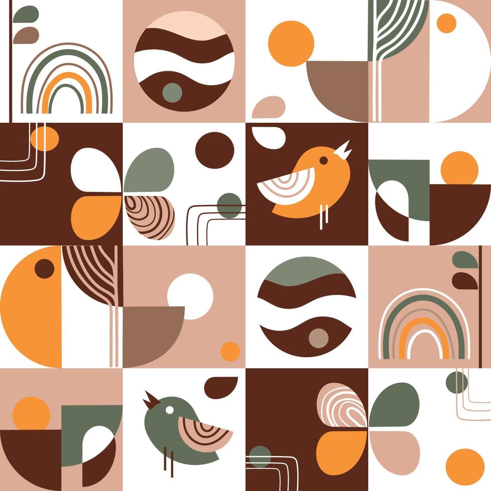 retro estética geométrico patrón.abstracto geométrico textura antecedentes con aves y floral elementos de resumen formas en Bauhaus estilo.vector ilustración para impresión, pancarta, póster, papel tapiz, portada vector