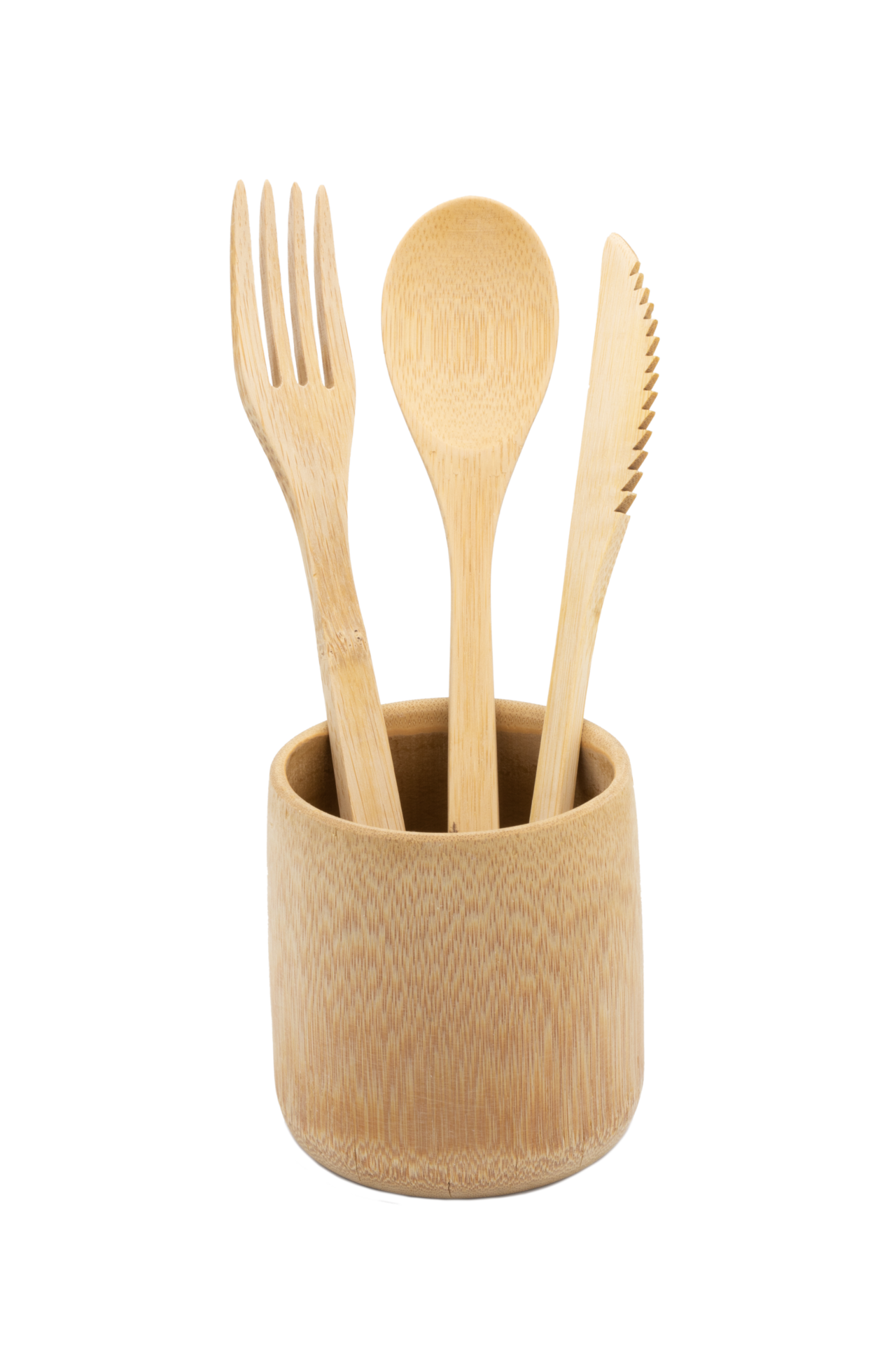 Free Spoon fork knife in bamboo wood cup on transparent background png
