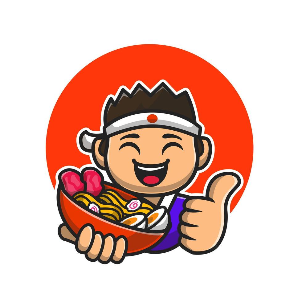 Happy Male Chef Holding Ramen Noodle Cartoon Vector Icon Illustration. People Food Icon Concept Isolated Premium Vector. Flat Cartoon Style