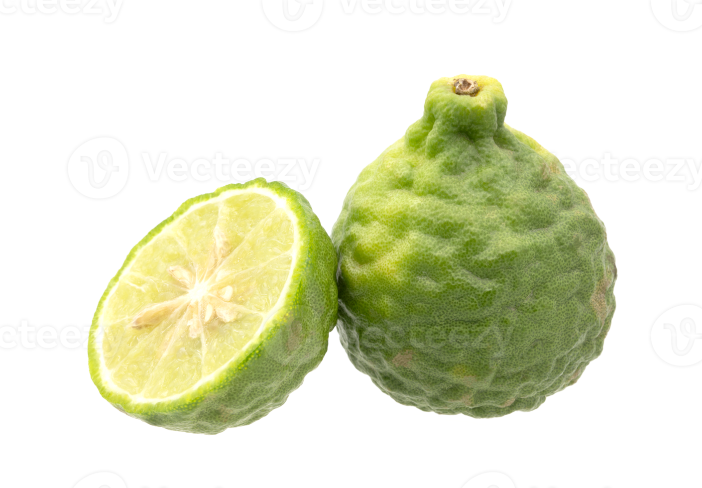 Whole bergamot and half one on transparent background png file.