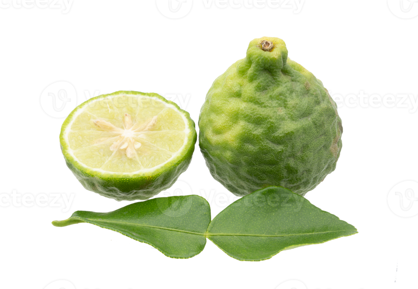 Whole bergamot and half one with green leaf on transparent background png file.