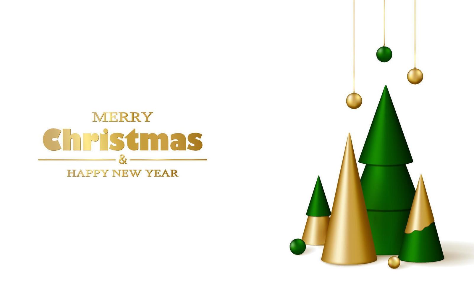 Merry Christmas and Happy New Year background. 3D realistic gold and green decorative Christmas trees and garlands on a white background. vector