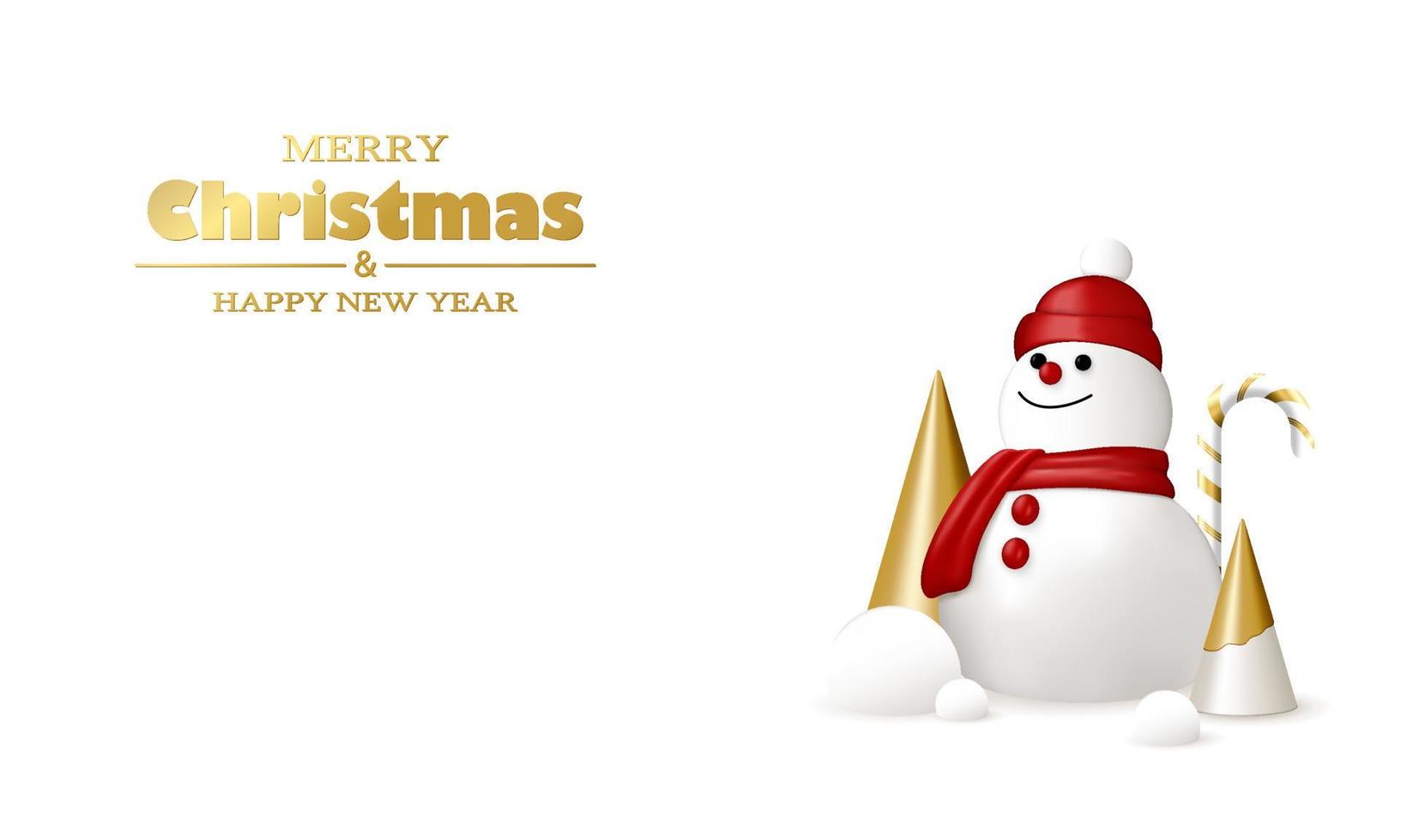 Merry Christmas and Happy New Year background. White and gold 3D objects. Christmas tree, candy, snowballs and snowman. vector