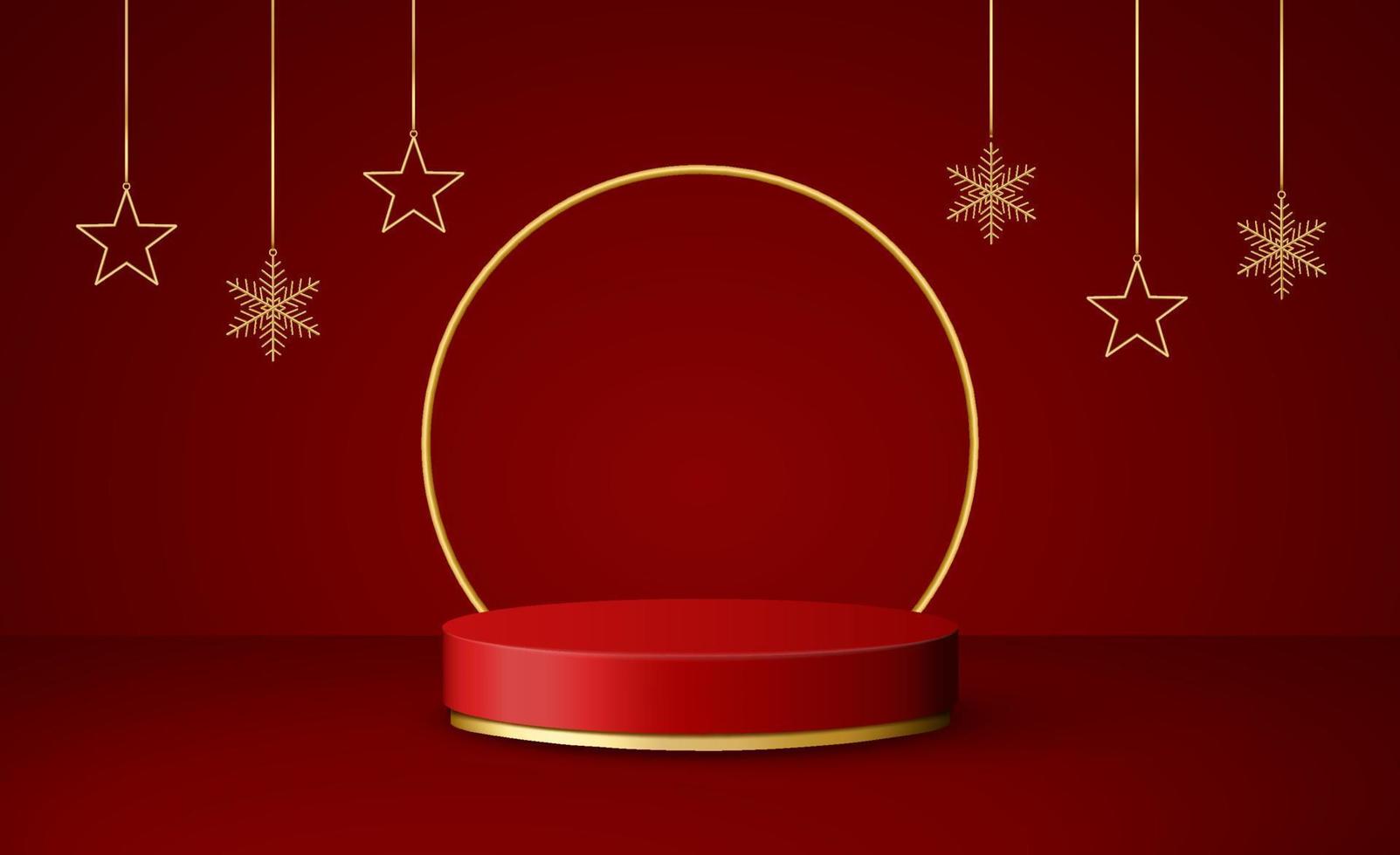 Christmas 3d scene with red and gold podium platform and garlands. vector