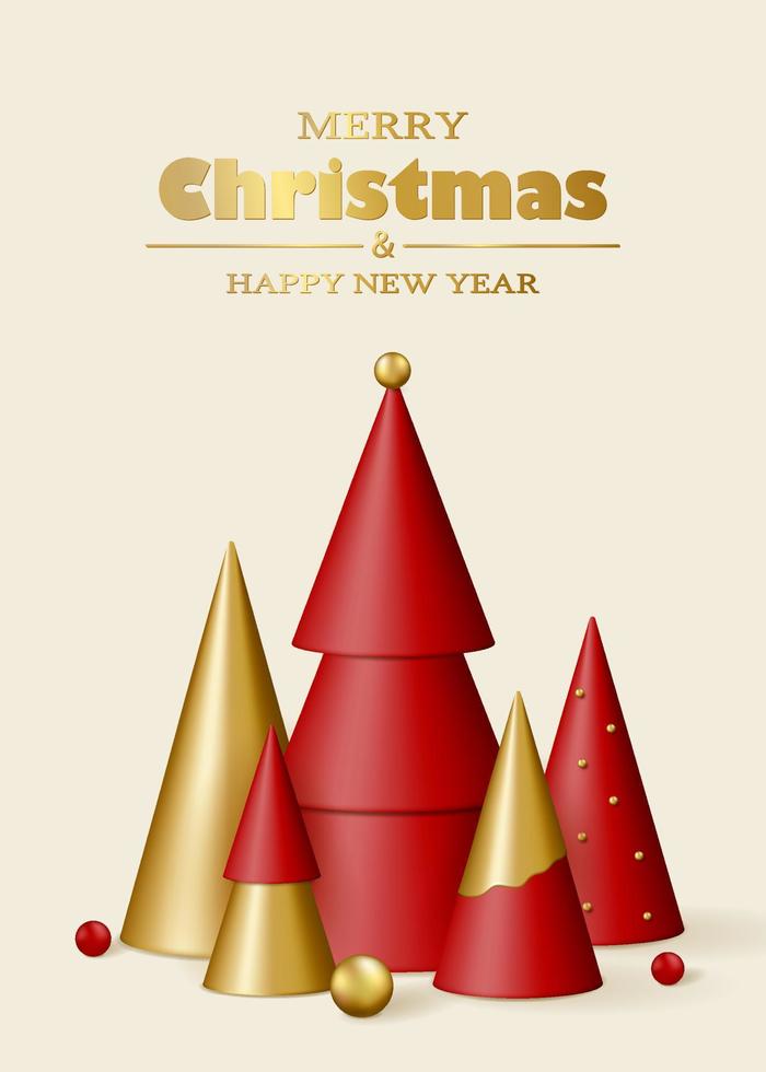 Merry Christmas and Happy New Year greeting card. 3D realistic gold and red decorative Christmas trees and balls on white background. vector