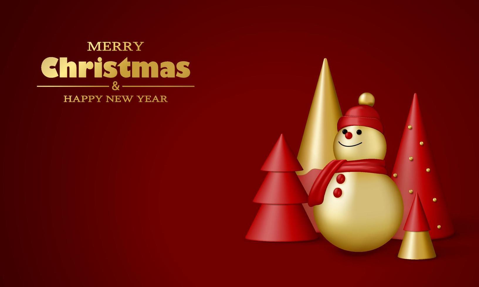 Merry Christmas and Happy New Year card. Red and gold 3D objects. Christmas tree and snowman. vector