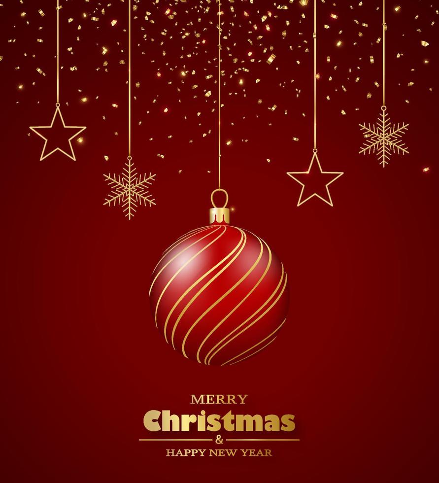 Merry Christmas and Happy New Year background. 3D realistic red ball, golden garlands and confetti. vector
