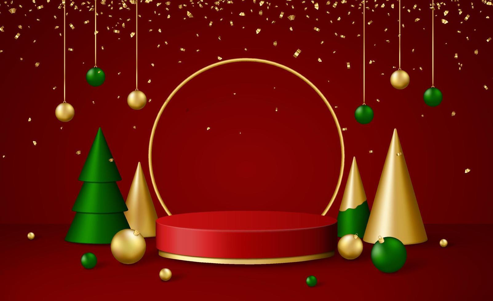 Christmas 3d scene with red and gold podium platform, green and gold Christmas fir trees and balls, confetti. vector