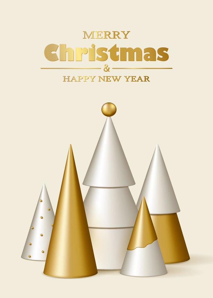 Merry Christmas and Happy New Year greeting card. 3D realistic white and gold decorative Christmas trees on white background. vector