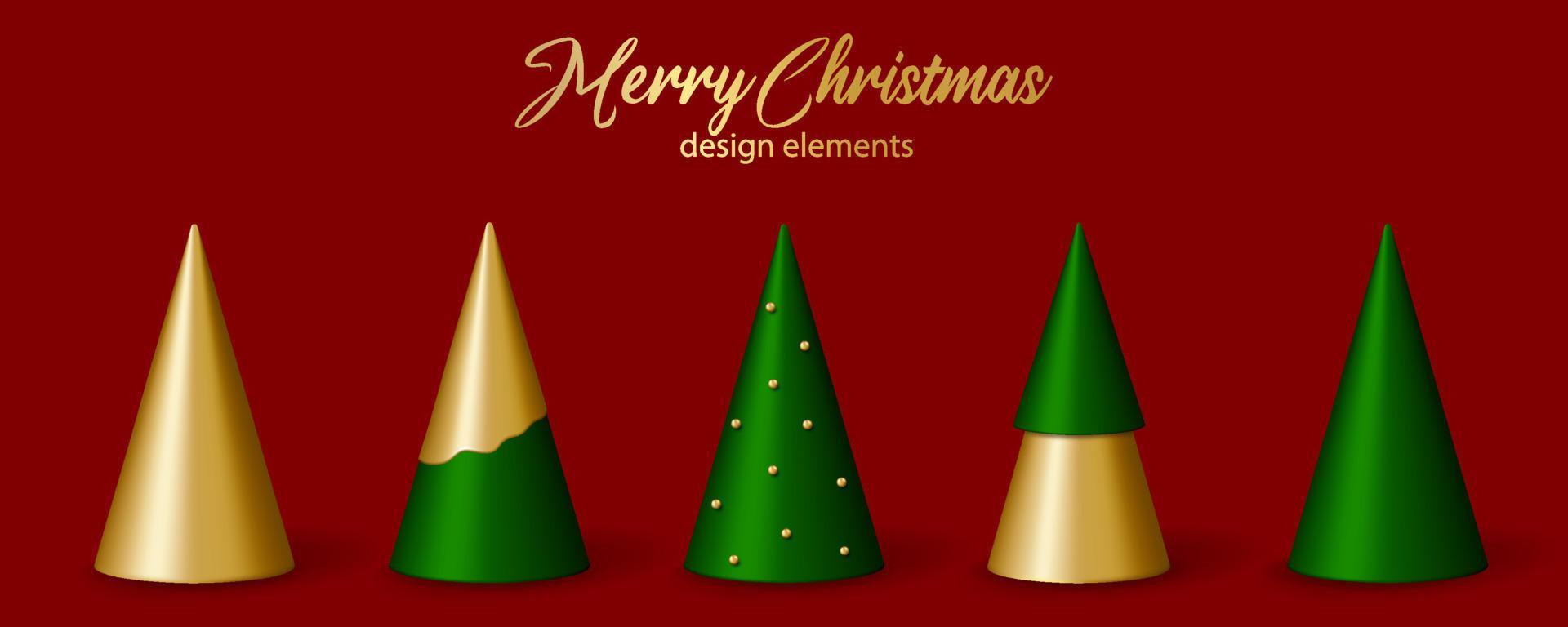 Christmas and New Year decor. Set of 3D cartoon golden and green Christmas trees. vector