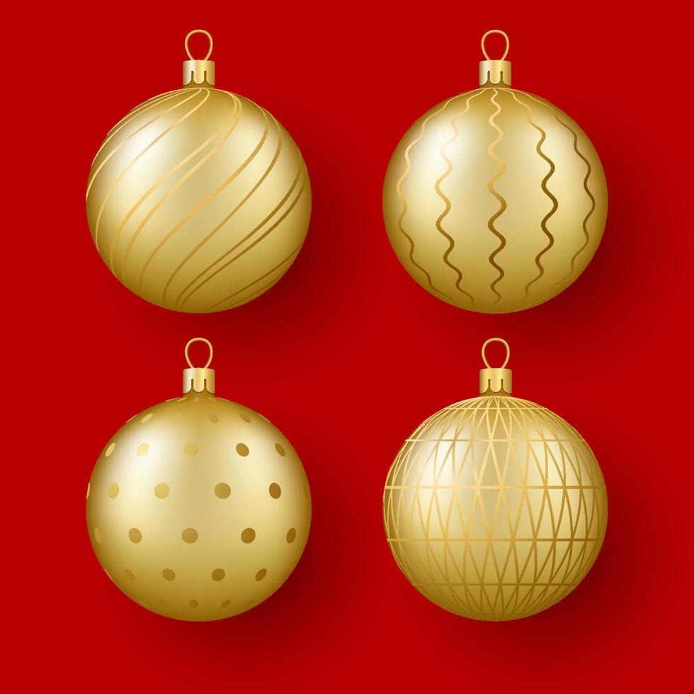 Christmas and New Year decor. Set of gold glass balls with an ornament. 3d realistic. vector
