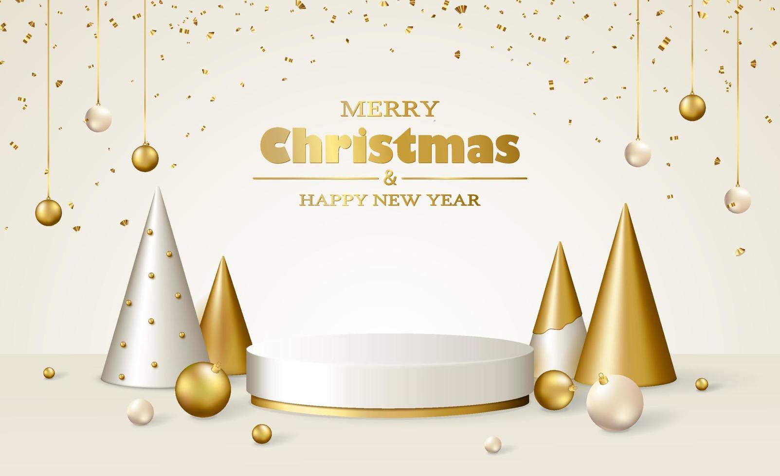 Christmas 3d scene with red and gold podium platform, Christmas fir trees and balls, confetti. vector