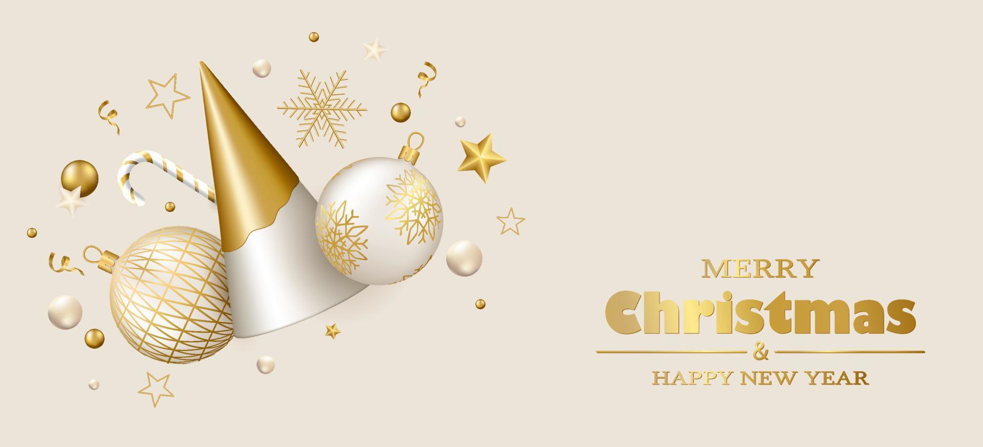 Merry Christmas and Happy New Year background. White and gold 3D Christmas tree, balls and decor. vector