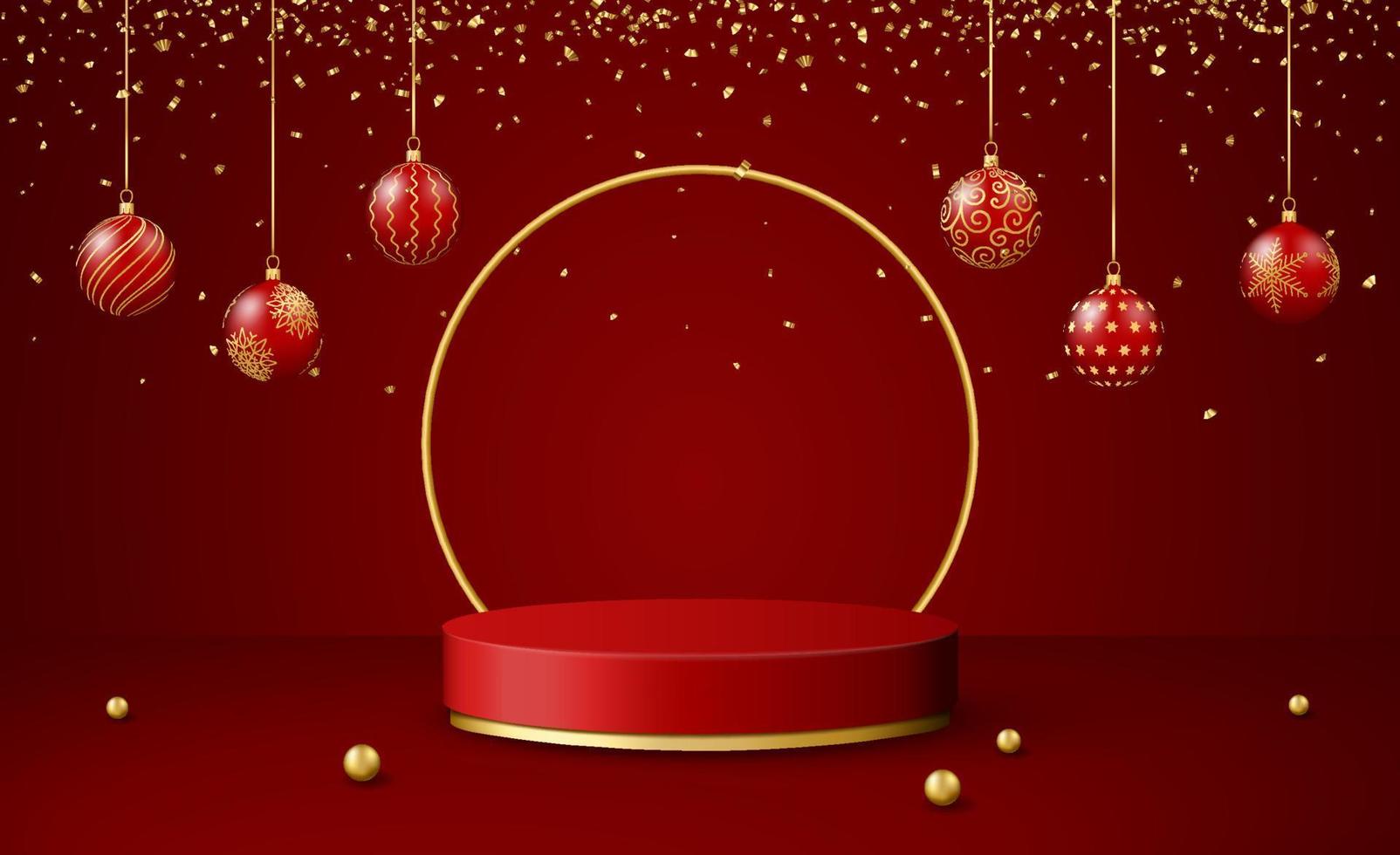 Christmas 3d scene with red and gold podium platform, christmas balls, confetti. vector