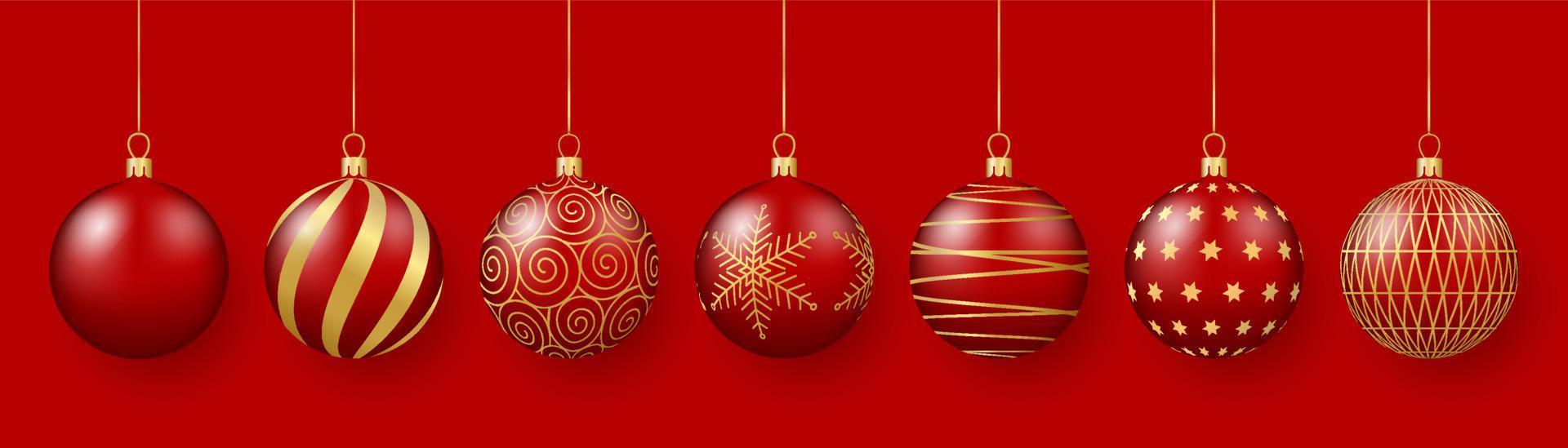 Christmas and New Year decoration. Red glass balls with gold ornaments. 3d realistic vector illustration.