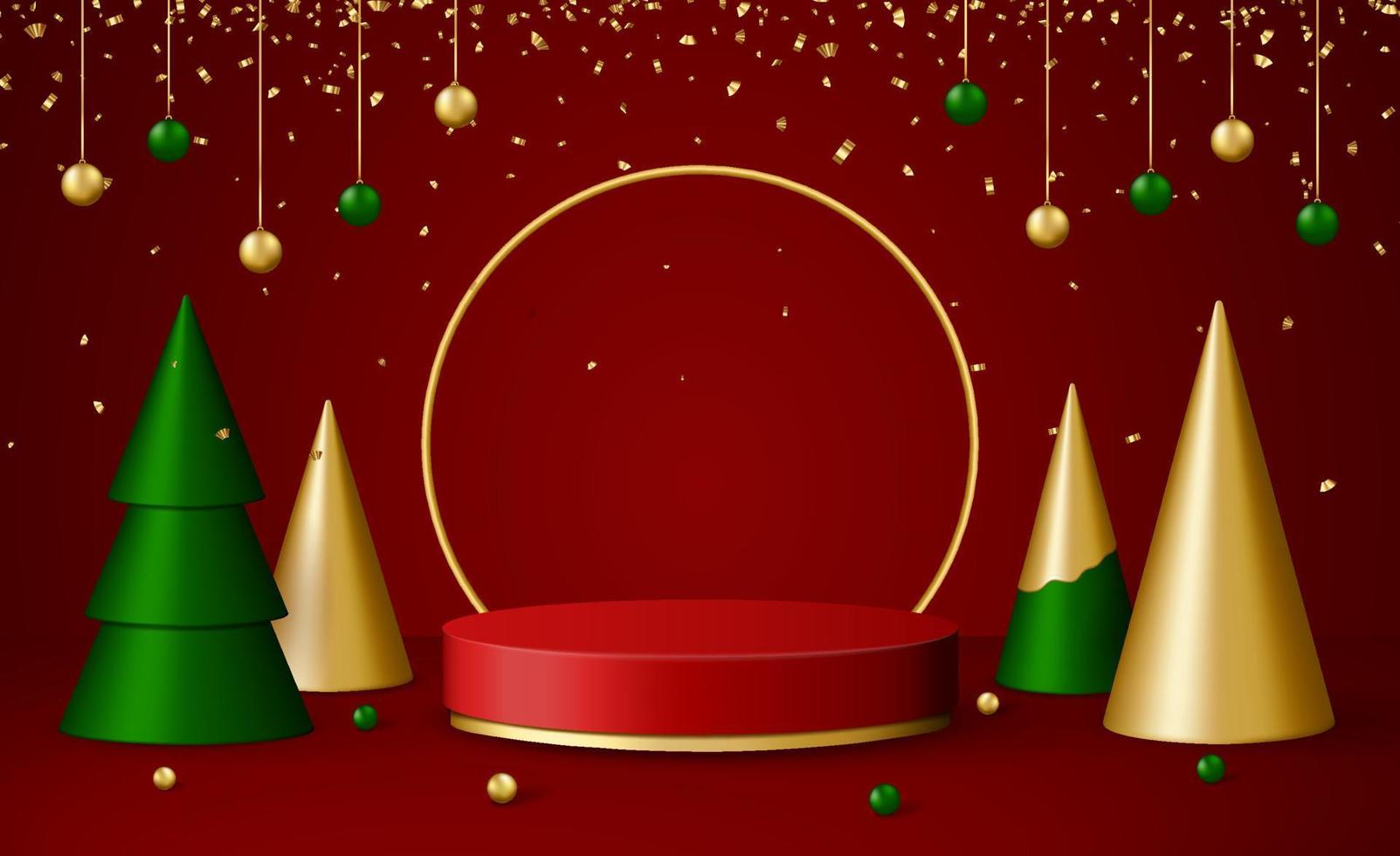 Christmas 3d scene with red and gold podium platform, green and gold Christmas fir trees, balls and confetti. vector